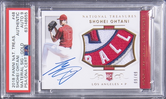 2018 Panini National Treasures “Rookie Material Signatures” Gold #48 Shohei Ohtani Signed Patch Rookie Card (#09/49) - PSA AUTHENTIC, PSA/DNA 9